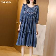 Tiyihailey-novo vestido jeans de três quartos e altura do joelho., vestido feminino de uma peça com bordado vintage. 2024 - compre barato