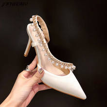 Saltos altos luxuosos de cetim com fios, sapatos de casamento elegantes, com strass, design de seda 2024 - compre barato