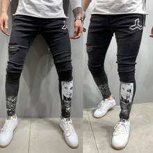 Рваные обтягивающие джинсы для мужчин 2020, брендовые новые мужские джинсовые брюки с принтом s, повседневные облегающие эластичные брюки-карандаш 2024 - купить недорого