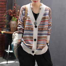 Vintage V-neck Single Breasted Knitted Print Cardigans Casual Long Sleeve Loose Sweater Autumn Winter Knit Outerwear New Fashion 2024 - купить недорого