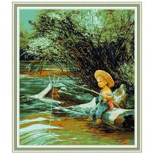 Fishing Boy painting decor counted printed on the canvas 11CT 14CT kits Chinese Cross Stitch embroidery needlework Sets 2024 - buy cheap
