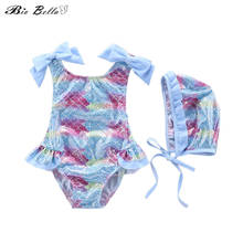 Bañador de una pieza para niñas pequeñas, traje de baño de estilo sirena con lazo Halter y gorro, ropa de playa, 2 uds. 2024 - compra barato