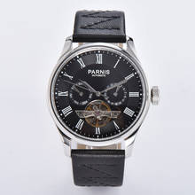 Parnis-Reloj de pulsera automático ST2502 para hombre, cronógrafo con esfera negra, fecha, semana, correa de cuero, números Rman, volante de inercia, 42,5mm, nuevo 2024 - compra barato