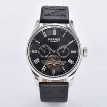 NEW Parnis 42.5mm ST2502 Automatic Mens Wristwatch Black Dial Auto Date Week display leather strap Rman numerals Flywheel 2024 - buy cheap