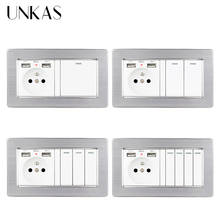 UNKAS-enchufe de pared estándar francés, doble puerto USB + 1, 2, 3, 4 entradas, interruptor de luz de encendido/apagado de 1/2 vías, Panel de salida de acero inoxidable 2024 - compra barato