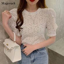 Coreano elegante verão crochê rendas topos puff manga o pescoço branco camisa do vintage ver através das senhoras moda mulher blusas 13944 2024 - compre barato