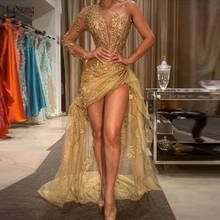 Vestido de fiesta dorado de moda, traje de fiesta de noche con aplique de un hombro, estilo árabe Formal, alto, bajo, abiye, 2020 2024 - compra barato