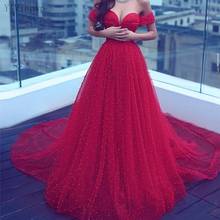 YiMinpwp-Vestidos de Noche formales rojos para mujer, ropa de noche con hombros descubiertos, encaje en la espalda, tren de barrido, perlas largas, fiesta de graduación, vestido de celebridad 2024 - compra barato