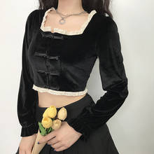 Черная бархатная футболка в Восточном китайском стиле, укороченный топ с длинным рукавом и квадратным вырезом, Готическая уличная одежда в китайском стиле для женщин FF2889 2024 - купить недорого