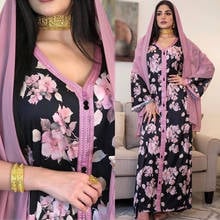 Этнические платья макси длинное платье для женщин с v-образным вырезом лентой и длинными рукавами; Платья абайя розовый Цветочный принт Дубайский мусульманский арабский одежда 2024 - купить недорого