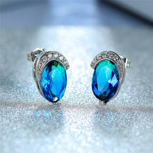 Luxury Female Blue Oval Stud Earrings Silver Color Rainbow Stone Earrings For Women Vintage Minimalist Wedding Earrings 2024 - buy cheap