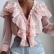 Spring Summer Ruffles Chiffon Blouse Tops Women Ladies Casual Solid V Neck Pink Shirt Long Sleeve Tops Blusas Female 2024 - buy cheap