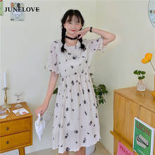 Junelove vestido feminino de verão, estampa floral, manga curta, elegante, linha a, mini vestido feminino com babado, gola virada para baixo 2024 - compre barato