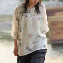 Johnature-Blusa de ramio Vintage para mujer, ropa de siete mangas con cuello redondo, estilo chino, estampado Floral con botones, 2021 2024 - compra barato