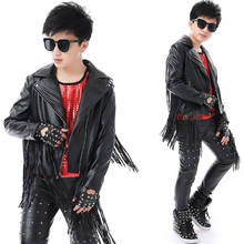 Hip Hop Boys Dance Costumes Black Leather Fringe Jacket Rivets Pants Kids Jazz Street Dancing Performance Clothes Stage DNV14065 2024 - buy cheap