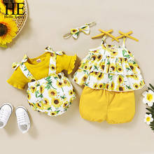 HE Hello Enjoy Summer Baby Girl Clothes Sunflower Outfits Kids Clothes Off Shoulder Crop Tops+Shorts 2Pcs Sets Girl Outfits 2024 - buy cheap