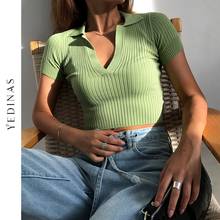 Yedinas Summer Vintage Polo Shirts Women Sexy Slim Cropped Top Knitted Deep V-Neck T-shirt Female Solid T Shirt Streetwear 2021 2024 - buy cheap