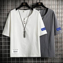 Льняная футболка с коротким рукавом для мужчин; Коллекция 2021 года; Летняя футболка белого и черного цвета; Футболки; Модная одежда в китайском стиле; Большие размеры 4XL 5XL с круглым вырезом 2024 - купить недорого