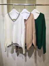 Pulôver feminino de caxemira suéter de passarela moda outono gola v cores de retalhos suéter solto blusas de malha fina jumper feminino 2024 - compre barato