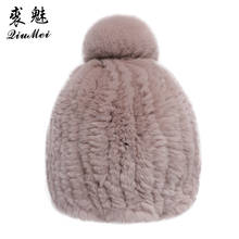 Chapéu feminino de pele de coelho rex genuíno, moda quente de inverno 2020 pompom, chapéus fofos de meninas, gorro de malha de pele real 2024 - compre barato