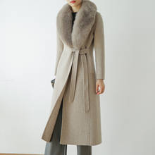 Capa de lã real rf0191 outono inverno feminina, capa removível com gola de pele de raposa real, 100% 2024 - compre barato