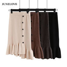 JuneLove Women Autumn Knitted Skirt Vintage Single Breasted Female Ruffles Skirts Casual Street Wear Lady Cashmere Skirt Bottoms 2024 - buy cheap