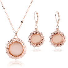 FYJS Unique Rose Gold Color Sun Flower Pendant Pink Cat Eye Stone Necklace Drop Earrings Elegant Women Jewelry Sets 2024 - buy cheap