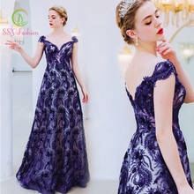 SSYfashion Dark Blue Long Evening Dress V Neck Sleeveless Floor Length Lace Party Formal Banquet Wedding Gown Vestidos De Fiesta 2024 - buy cheap