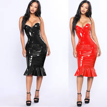 S-6XL Plus Size Red Black PVC Wet look Leather Strapless Ruffle Mermaid Bodycon Dresses Women Sexy Off Shoulder Club Party Dress 2024 - buy cheap