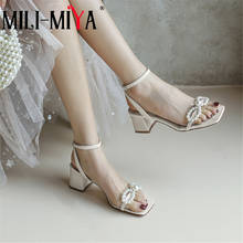 MILI-MIYA Hot Sale Pearl Bowknot Women Cow Leather Sandals PVC Transparent High Heels Summer Square Toe Ankle Buckle Strap Shoes 2024 - buy cheap