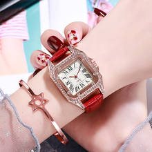 Relógio feminino luxuoso de couro, relógio de quartzo com strass de cristal, tonneau, vestido, numerais romanos, couro, para mulheres 2024 - compre barato