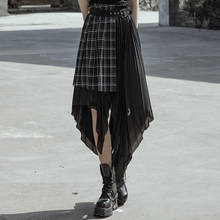 PUNK RAVE Women's Punk Fake Two Pieces Plaid Splic Chiffon Skirt Fashion Asymmetric Hem High Waist Daily Casual Long Skirt 2024 - buy cheap