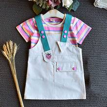 Halilo Girl Summer Set Striped Tshirt + Embrodiery Strap Dress 2pcs Children Clothing Toddler Girls Outfits Korean Kids Clothes 2024 - buy cheap