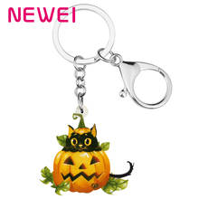 Newei Acrylic Halloween Cat Pumpkin Head Keychains Keyring Long Wristlet Key Chain Jewelry For Women Kids Classic Festival Gift 2024 - compre barato