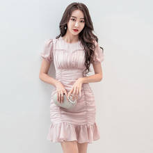 Chegada nova moda estilo coreano mulheres vestido elegante temperamento doce vestido de chiffon rosa sereia mini vestido de verão de manga curta 2024 - compre barato