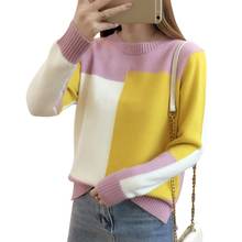 2019 Sweet Autumn Winter Candy Color Round Neck Women Long Sleeve Colorblock Pullover Warm Knitted Sweater Pullover 2024 - buy cheap
