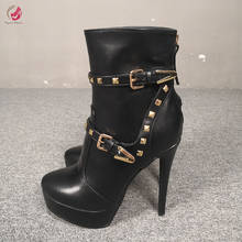 Original Intention New Rivets Buckle Straps Ankle Boots Woman Black High Platform Super High Heels Sexy Round Toe Short Boots 2024 - buy cheap