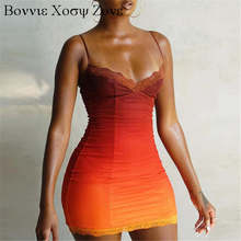Women Spaghetti Strap Colorblock Plunge Gradient Contrast Lace Cami Bodycon Dress 2024 - buy cheap