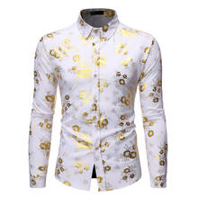 Camisa masculina florida dourada, camisa social para homens 2021, novo design de luxo, slim fit, terno para festa em clube e discoteca 2024 - compre barato