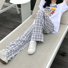 Balck branco xadrez calças botão voar calças femininas de cintura alta perna larga calças casuais femininas coreano streetwear 2024 - compre barato