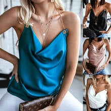 Blouses Women Tops Solid Satin Backless Sexy Camis Shirts Summer Chain Halter V Neck Ruched Tank Tops Ladies Sleeveless Camisole 2024 - buy cheap