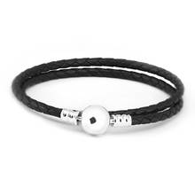 Pulseira feminina de prata esterlina 925, bracelete para mulheres de couro trançado duplo preto 2024 - compre barato