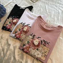 Camisetas de algodón con apliques de perlas en 3D para mujer, Blusa de manga corta con cuello redondo, ropa informal para mujer, Tops para mujer 2024 - compra barato