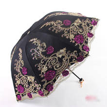 Tri-fold dupla camada bordado flor laço guarda-chuva anti-sol guarda-sol preto plástico anti-uv guarda-chuva 2024 - compre barato