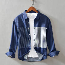 Полосатая рубашка в стиле пэчворк для мужчин, Модный повседневный Свободный Топ в японском стиле с длинными рукавами, винтажная одежда из чистого хлопка с отложным воротником 2024 - купить недорого