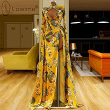 Amarelo Alta Do Pescoço da Cópia Floral Vestidos de Noite Muçulmanos Longos Robes Sexy Dividir Bainha Evening Vestidos Arábia Saudita 2024 - compre barato