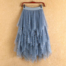 Womens Elastic High Waist Irregular Ruffle Mesh Tulle Tutu Skirt Sequined Layered Pleated Summer Beach Gilrs Ankle Long Skirt 2024 - buy cheap
