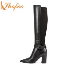 Черные лоскутные сапоги для верховой езды до колена женская зимняя модная обувь на массивном каблуке с острым носком, большие размеры 15, 16, Shofoo 2024 - купить недорого