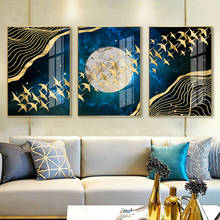Абстрактная луна, настенная Картина на холсте, золотые горы, птицы, скандинавские постеры и принты, настенные картины для гостиной, домашний декор 2024 - купить недорого