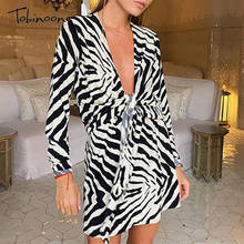 Tobinoone Zebra Skin Print Autumn Sexy Women Short Dress Deep V Neck Long Sleeve Club Dress Female Party Slim Bodycon Dresses 2024 - buy cheap